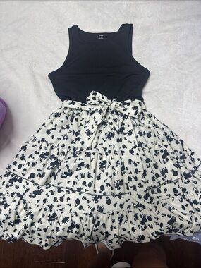 SHEIN Black Tank Top with White Floral Tiered Skirt